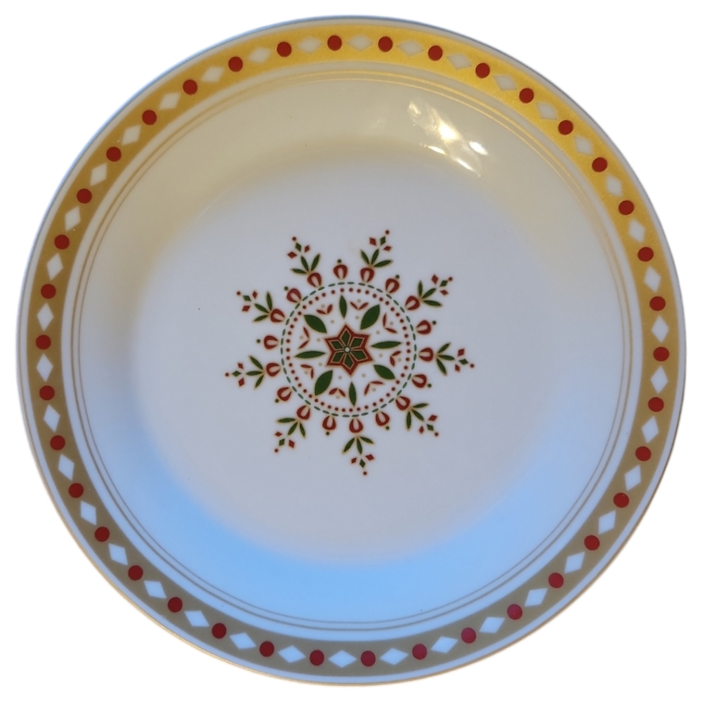 Vtg 2008 Salad Dessert Porcelain Plate Snowflake Gold Red Dot Edge Pier 1 (C)